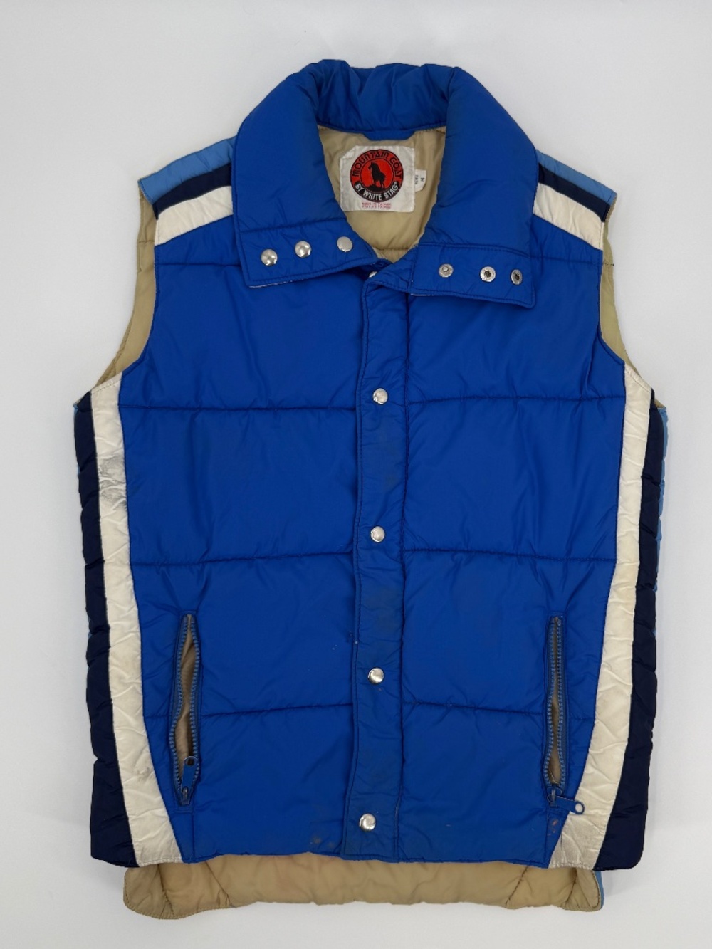 Vintage 70s Mountain Goat White Stag Down Puffer Vest Blue Striped Retro Ski M